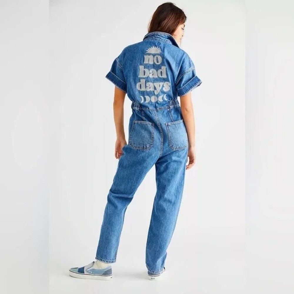 We The Free Women's Blue Denim Embroidered “no bad days” Jumpsuit - M
